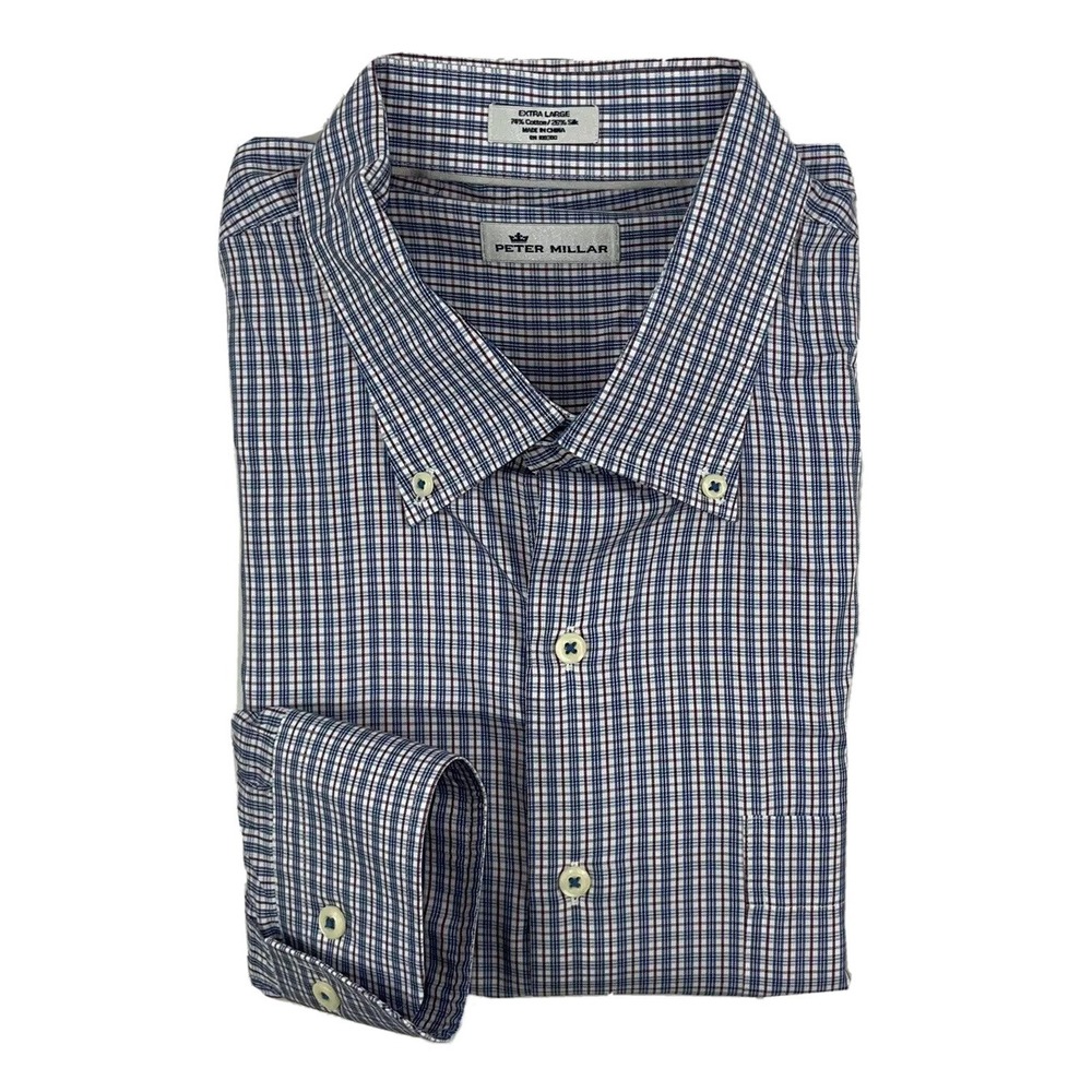 Peter Millar Mens XL Blue Maroon Checked Cotton Silk Button Front Shirt